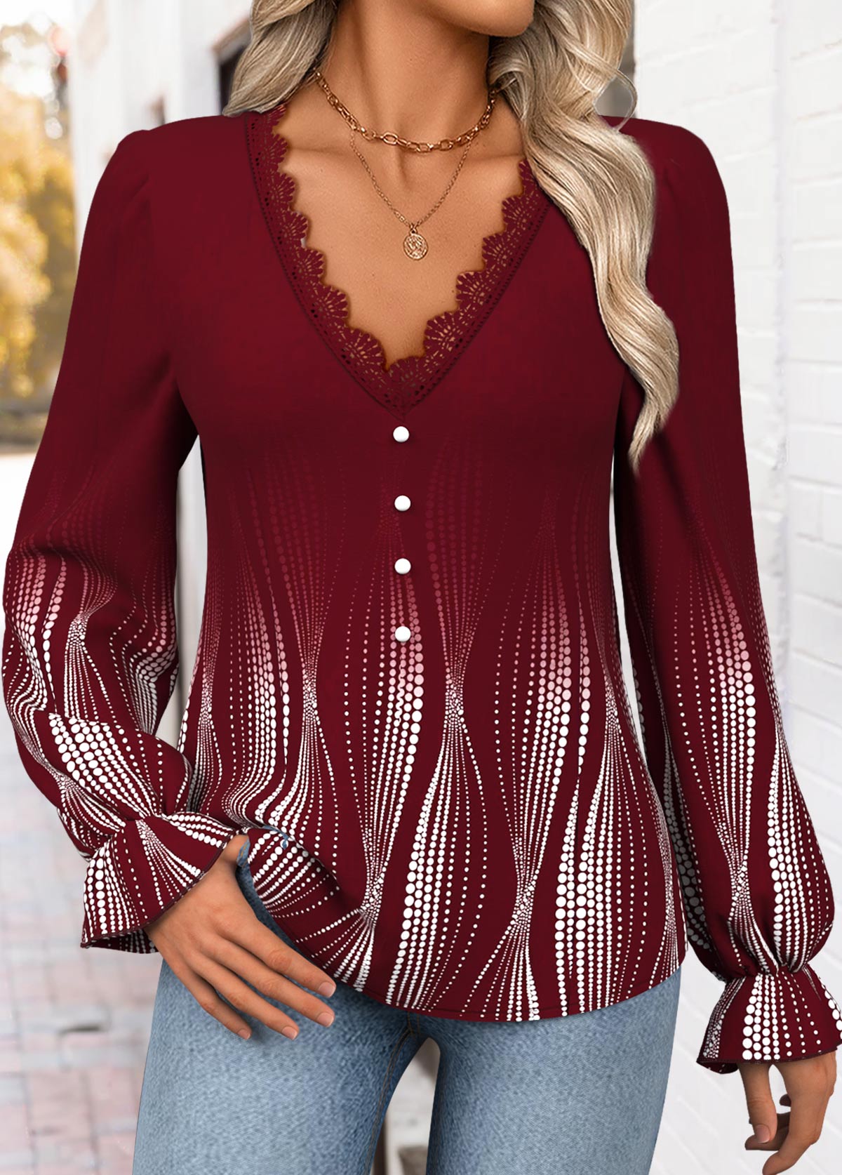 Wine Red Curved Hem Ombre Long Sleeve Blouse | picture 