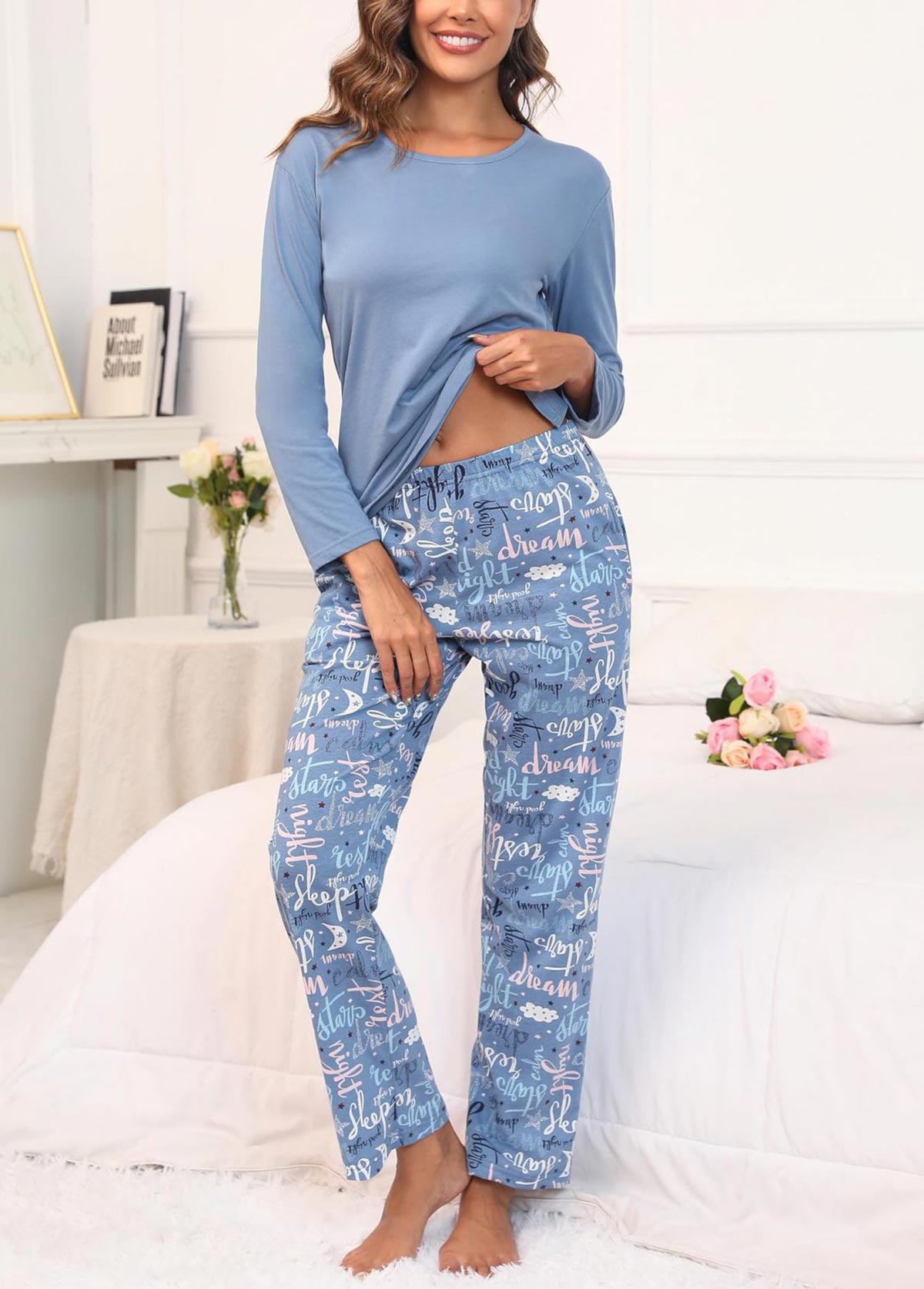 Dusty Blue Letter Print Lounge Top and Pants | picture 