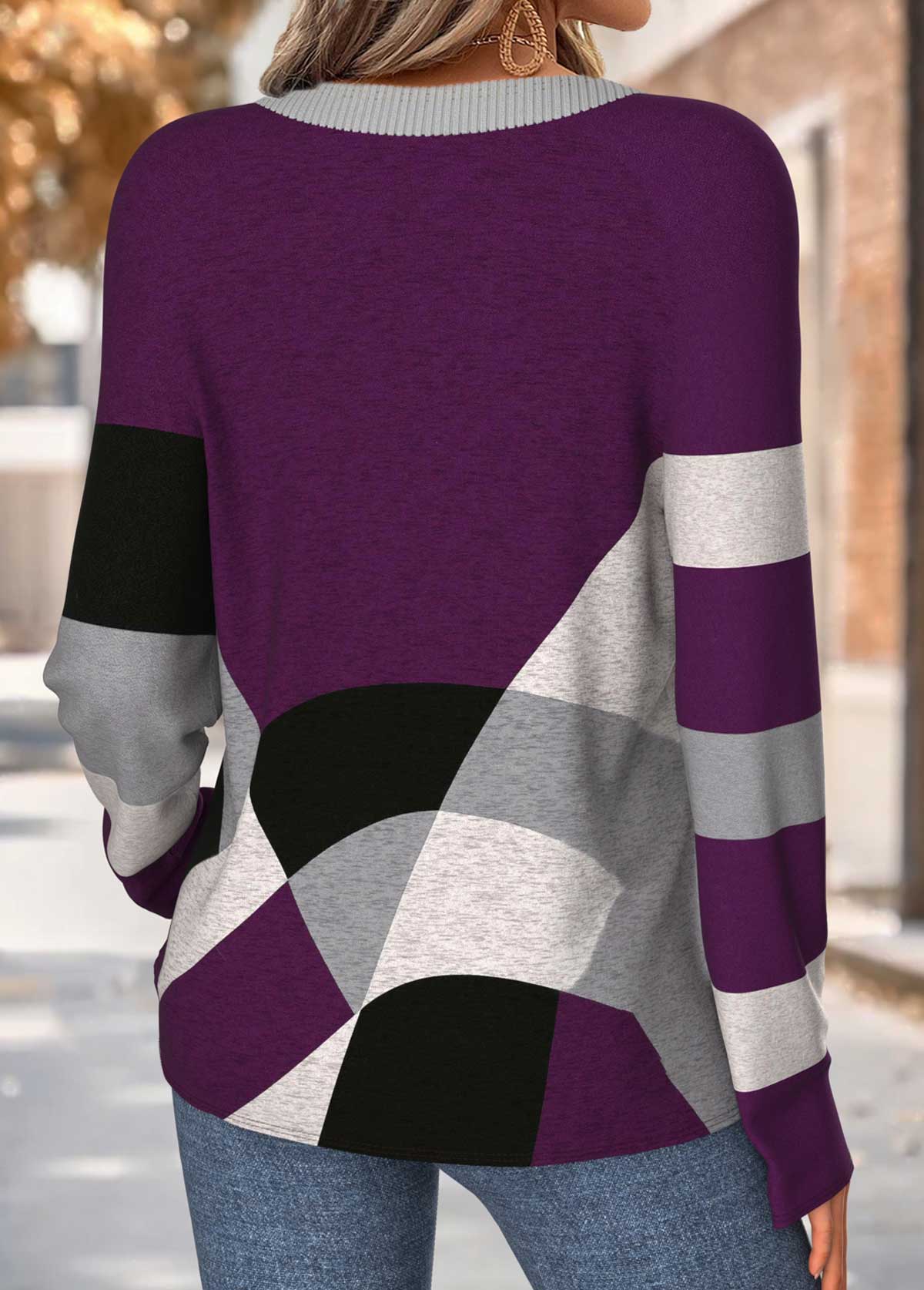 Purple Tummy Coverage Geometric Print Long Sleeve T Shirt | picture 