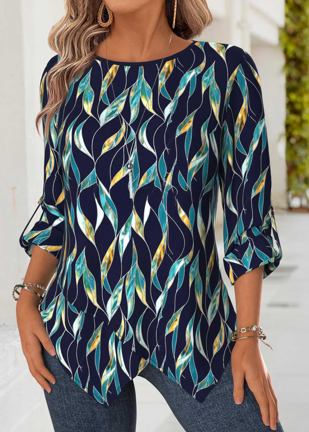Navy Tummy Coverage Leaf Print Long Sleeve Blouse | picture 