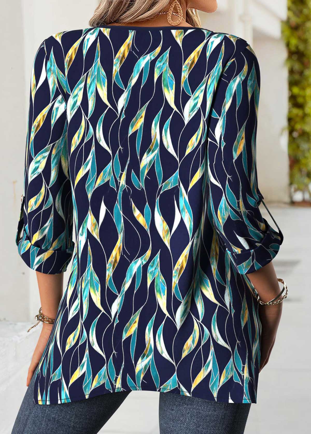 Navy Tummy Coverage Leaf Print Long Sleeve Blouse | picture 