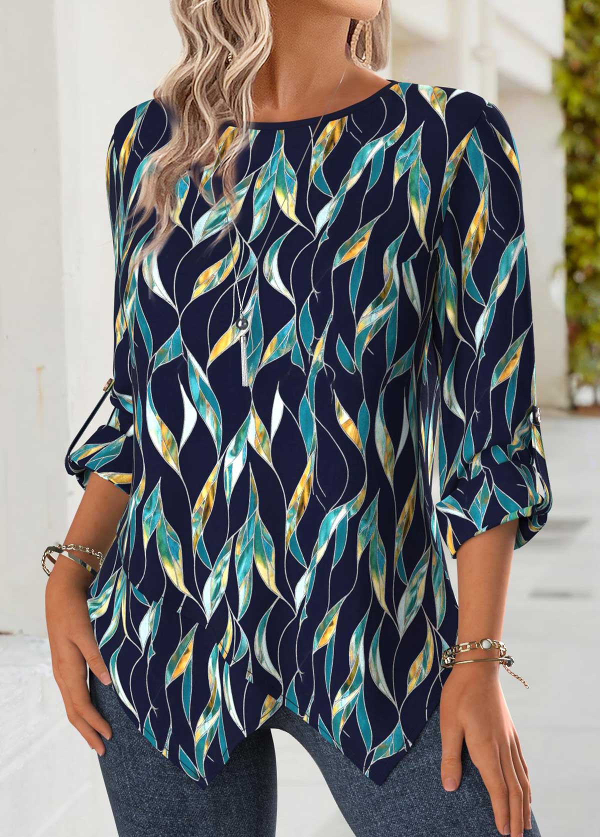 Navy Tummy Coverage Leaf Print Long Sleeve Blouse | picture 