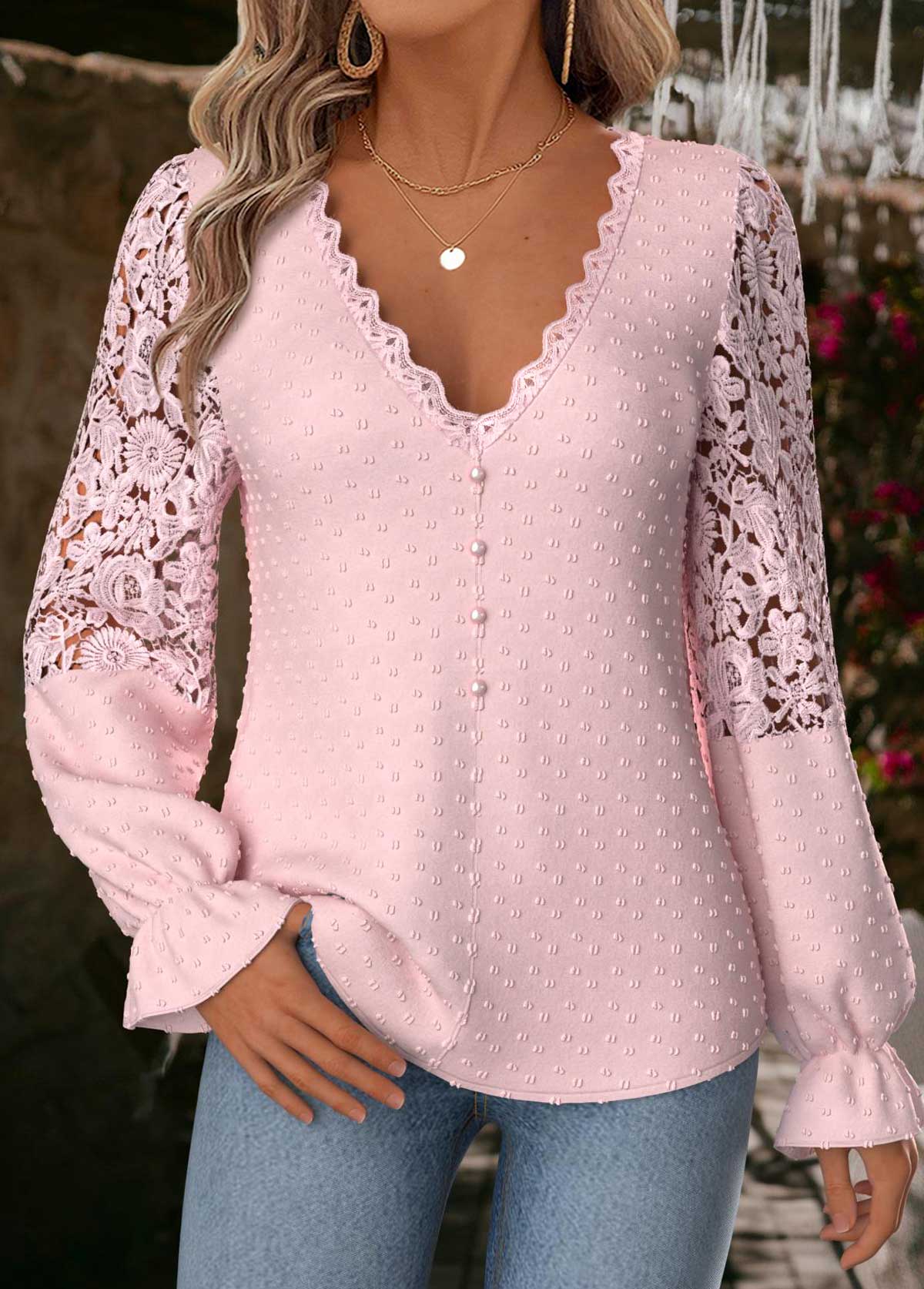Light Pink Tummy Coverage Long Sleeve V Neck Blouse | picture 