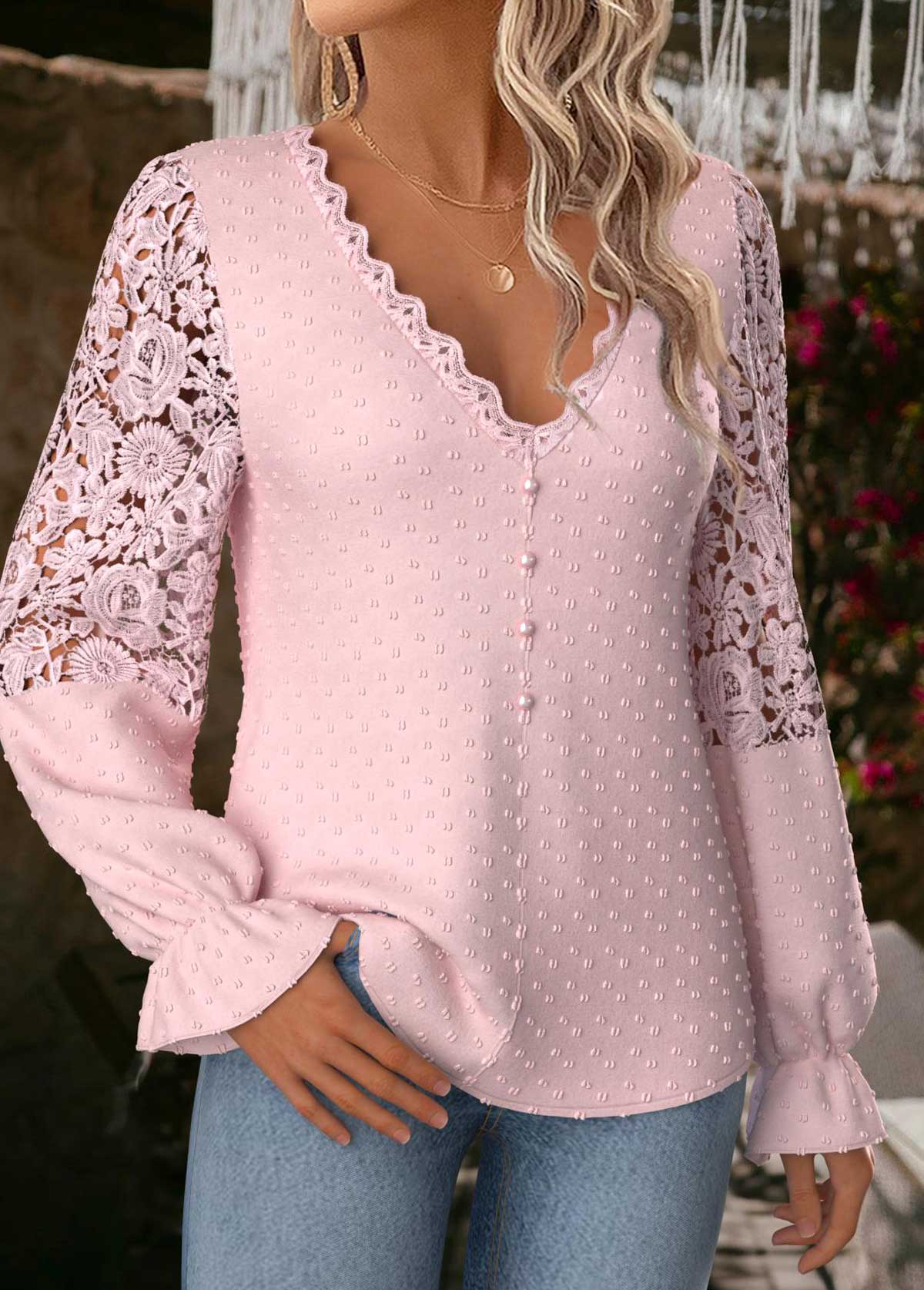 Light Pink Tummy Coverage Long Sleeve V Neck Blouse | picture 