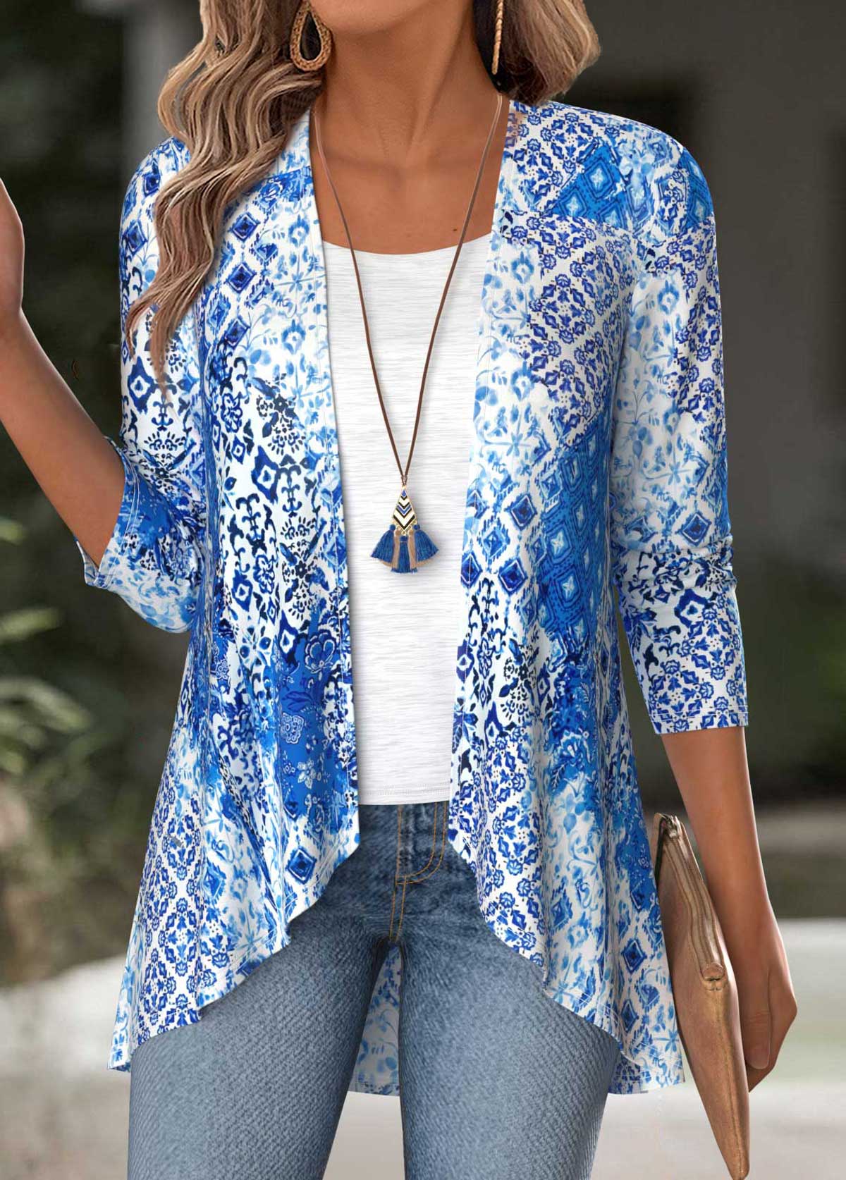 Blue Tummy Coverage Tribal Print Long Sleeve Cardigan | picture 