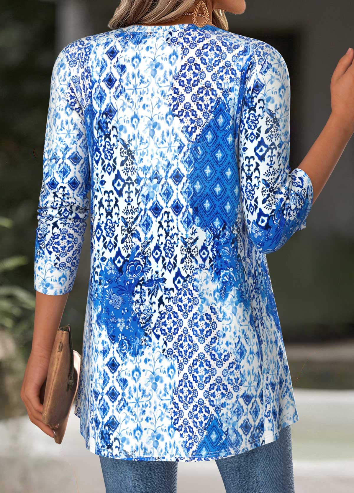 Blue Tummy Coverage Tribal Print Long Sleeve Cardigan | picture 