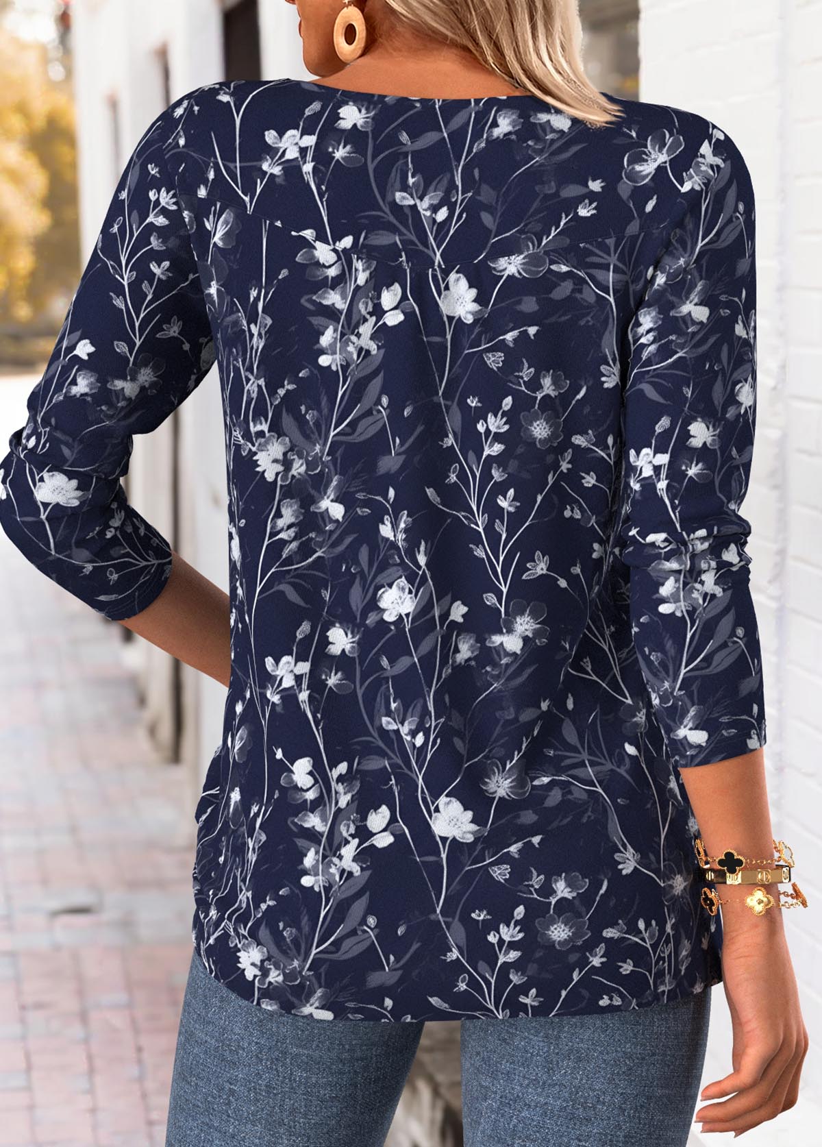 Navy Tummy Coverage Leaf Print Long Sleeve T Shirt | picture 