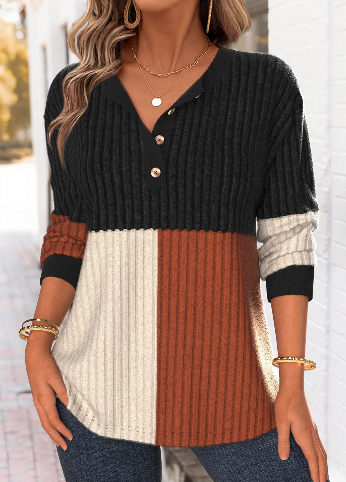 Black Tummy Coverage Long Sleeve Split Neck Sweatshirt | picture 