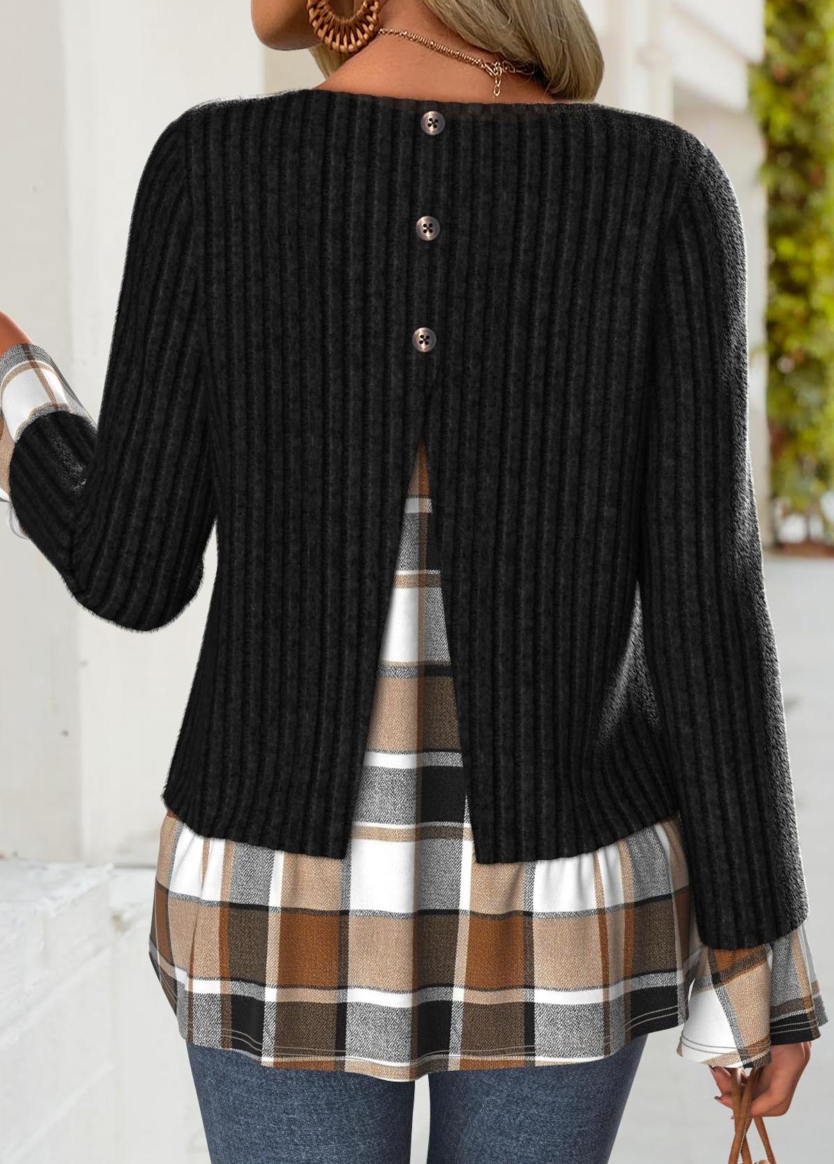Black Fake 2in1 Plaid Long Sleeve T Shirt | picture 
