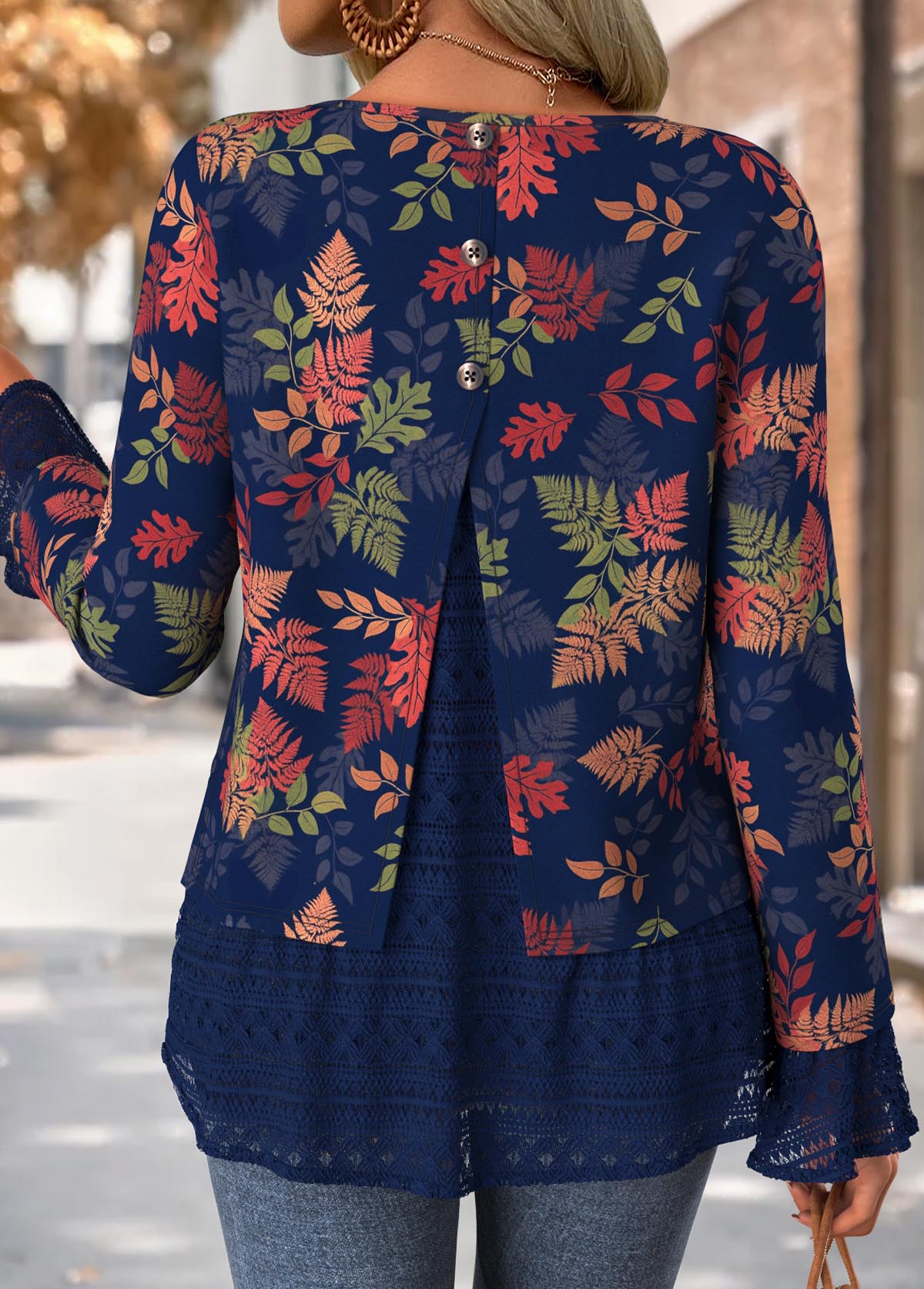 Navy Fake 2in1 Leaf Print Long Sleeve T Shirt | picture 