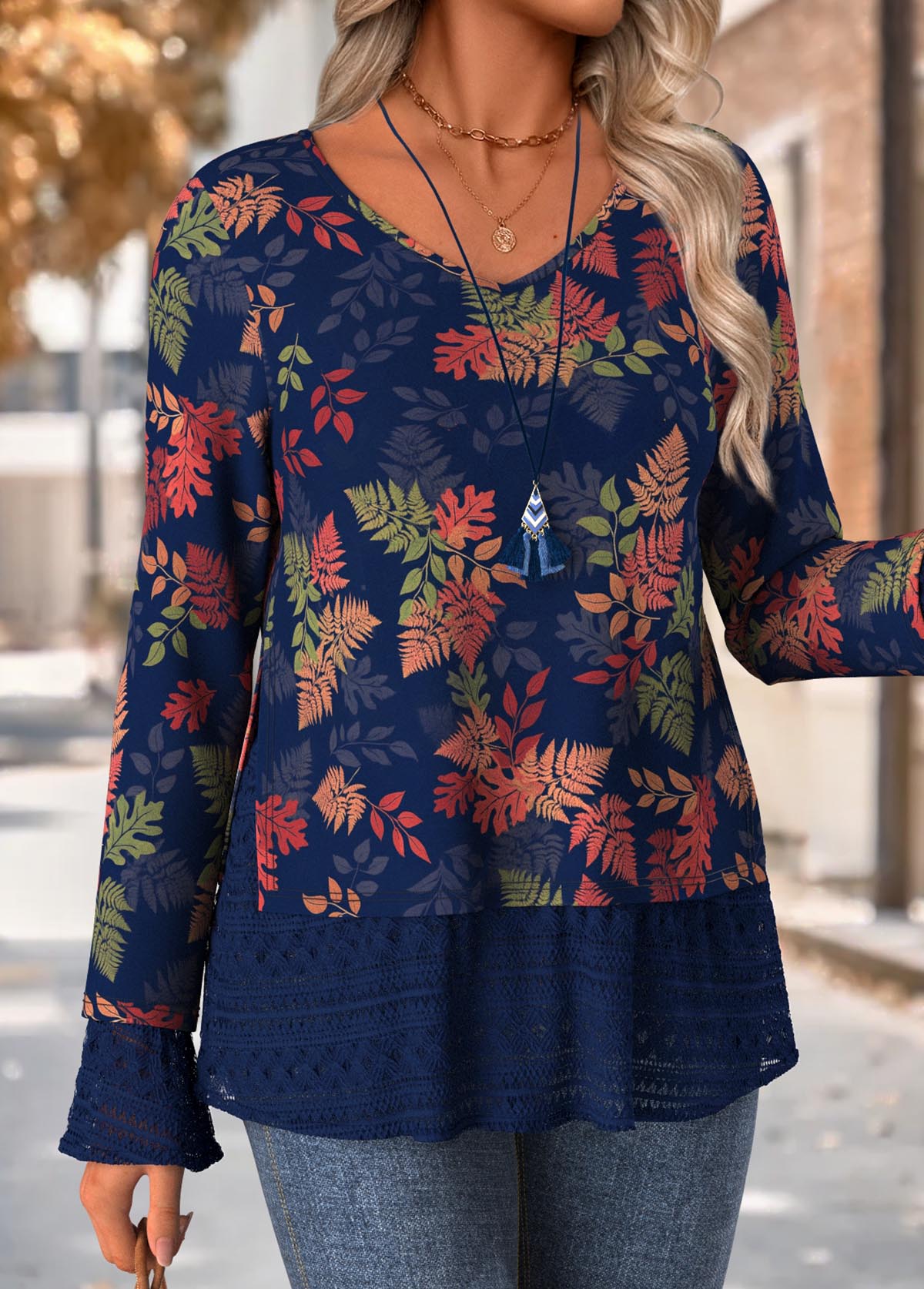 Navy Fake 2in1 Leaf Print Long Sleeve T Shirt | picture 
