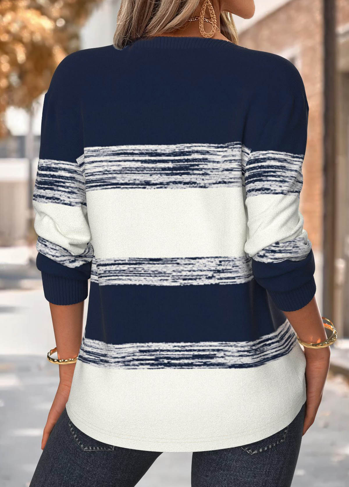 Navy Tummy Coverage Striped Long Sleeve Split Neck Sweatshirt | picture 