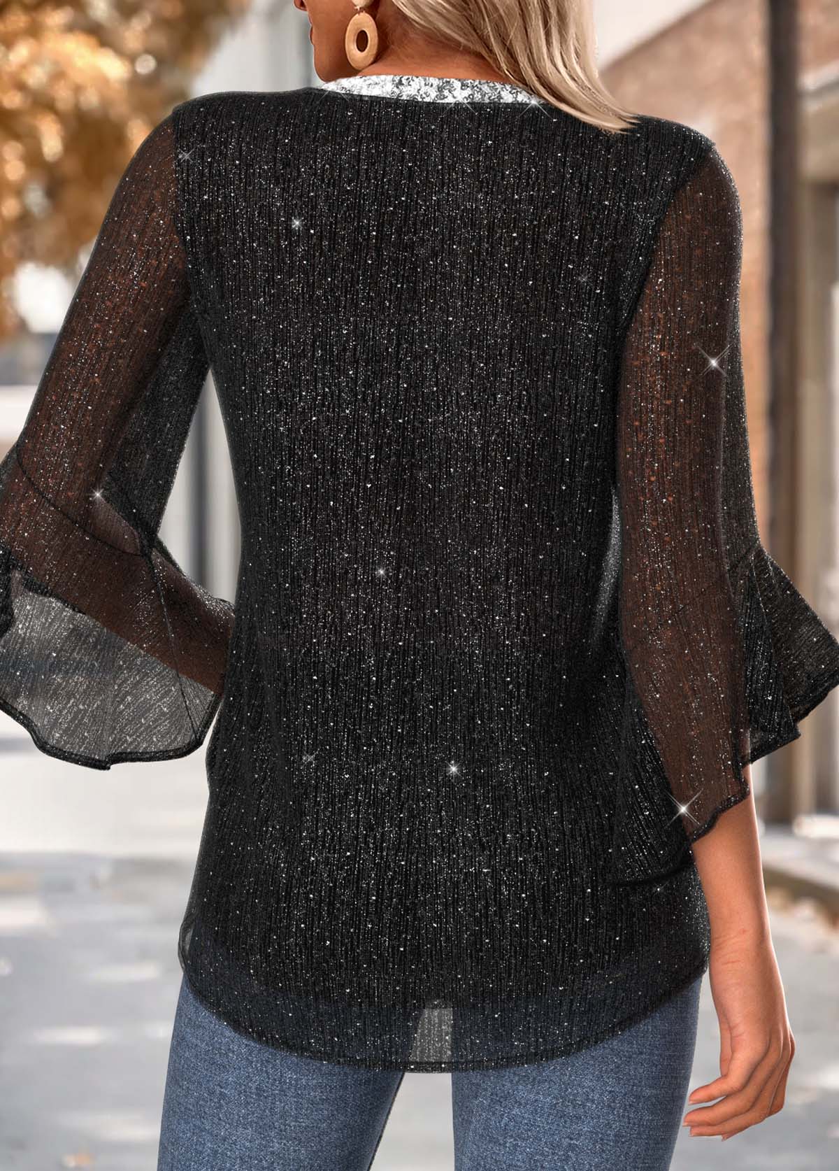 Black 3/4 Sleeve Split Neck Blouse | picture 