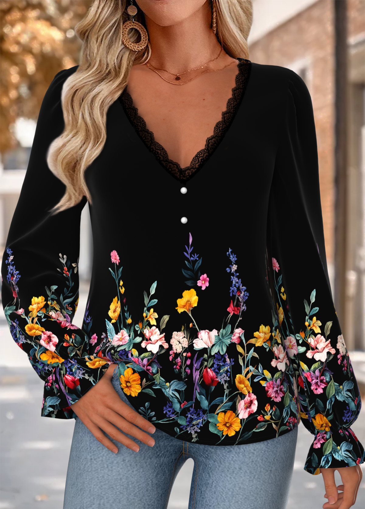 Multi Color Curved Hem Floral Print Long Sleeve Blouse | picture 