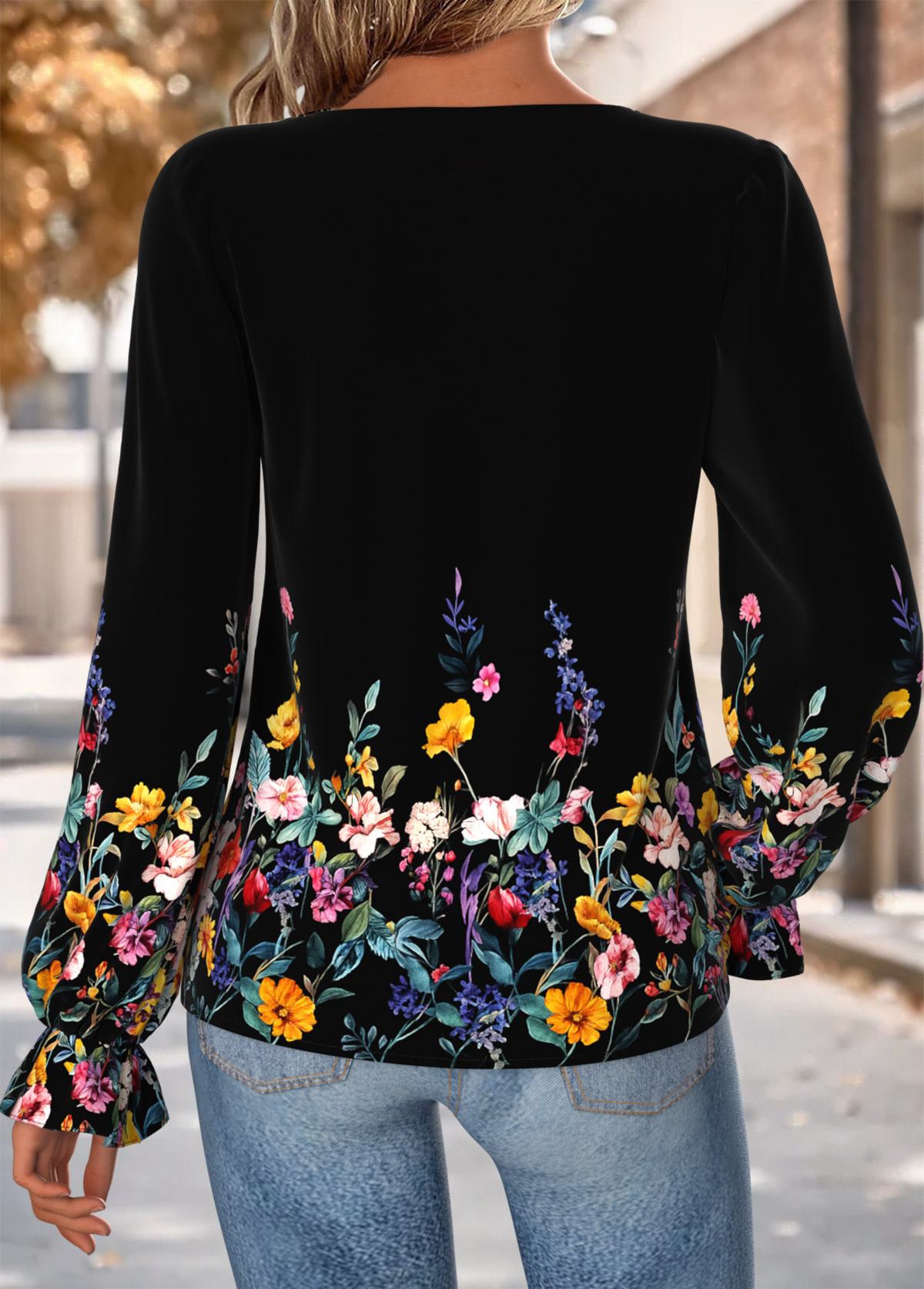 Multi Color Curved Hem Floral Print Long Sleeve Blouse | picture 