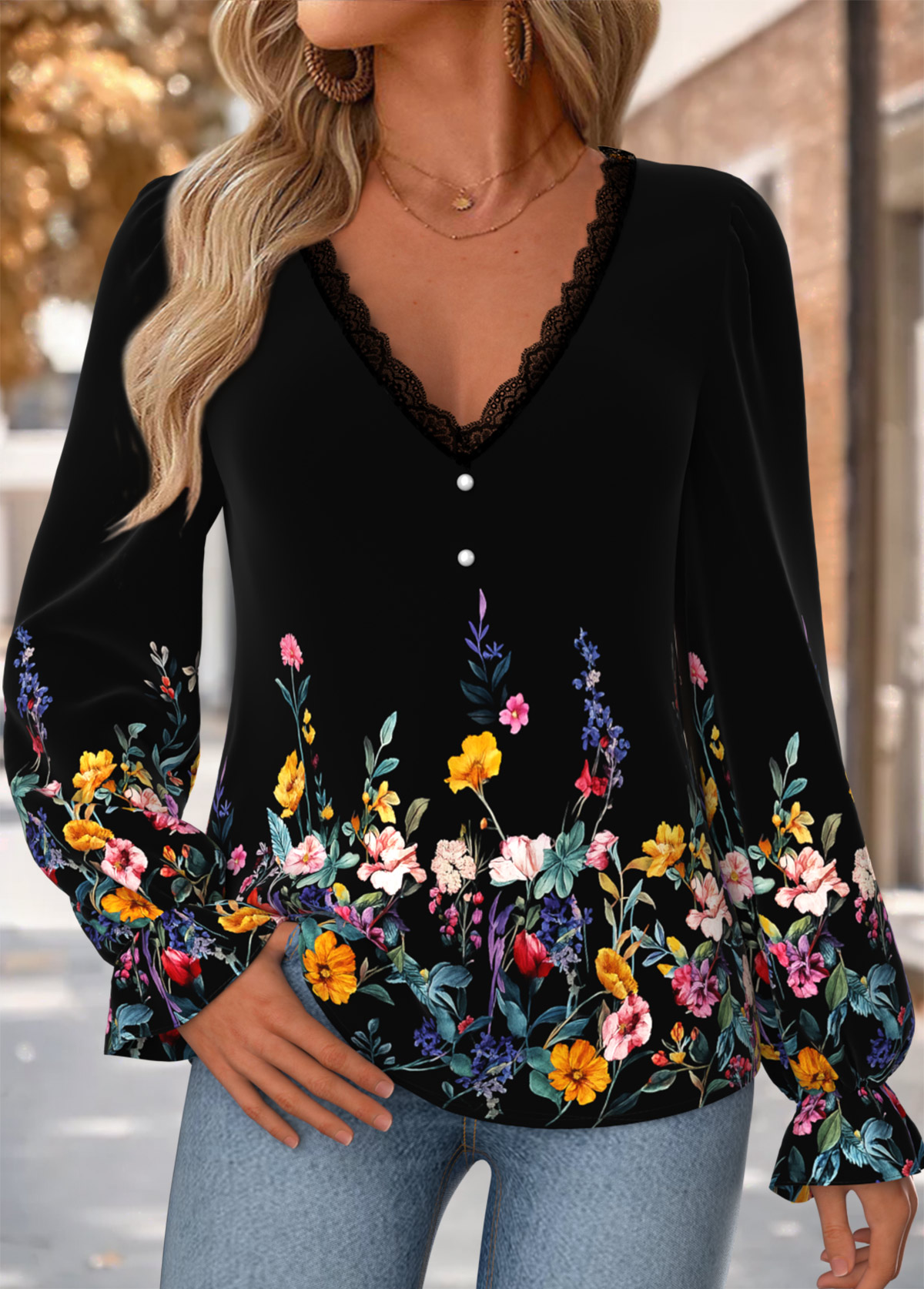 Multi Color Curved Hem Floral Print Long Sleeve Blouse | picture 