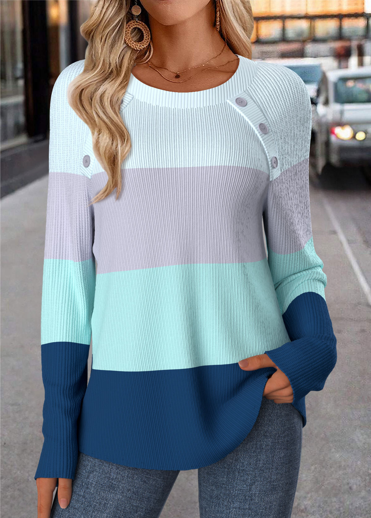 Blue Tummy Coverage Striped Long Sleeve T Shirt | picture 