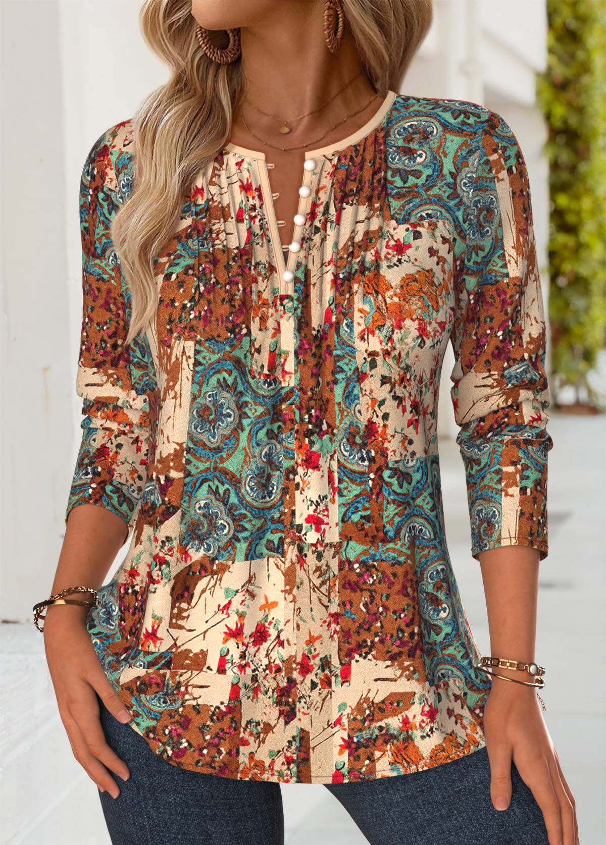Multi Color Tuck Stitch Tribal Print Long Sleeve Blouse | picture 