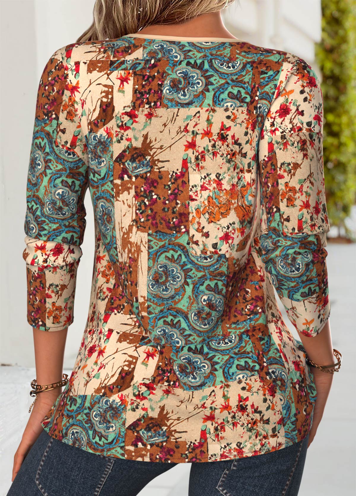 Multi Color Tuck Stitch Tribal Print Long Sleeve Blouse | picture 