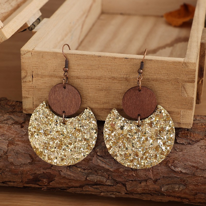 Golden Color Round Wood Detail Earrings | picture 