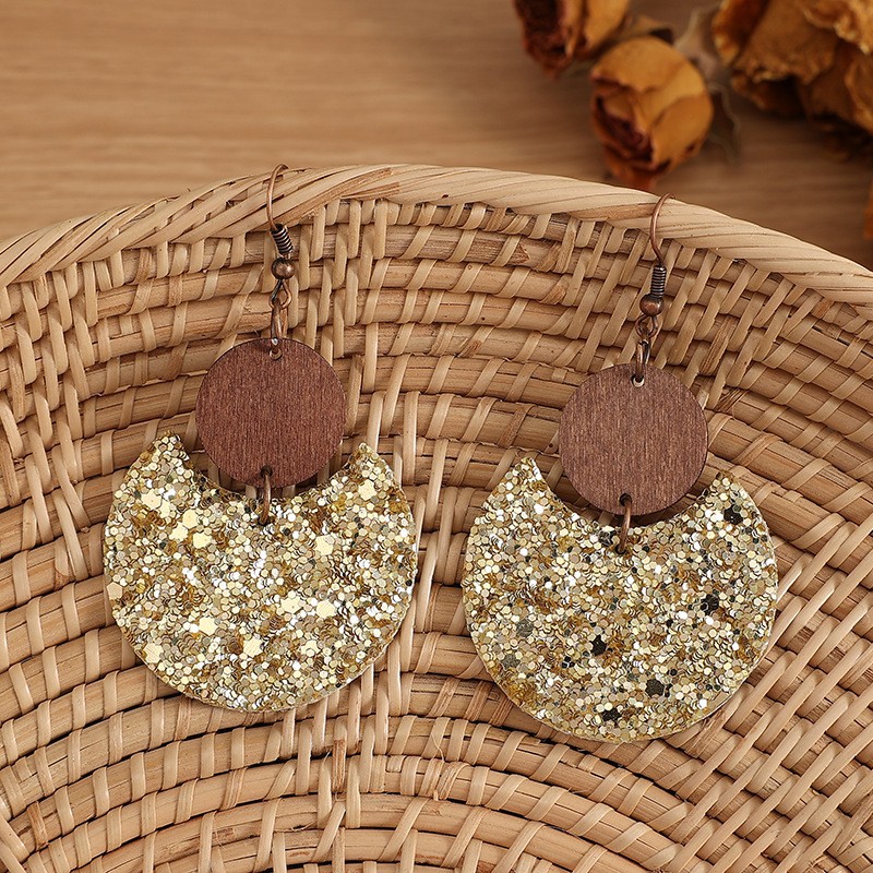 Golden Color Round Wood Detail Earrings | picture 