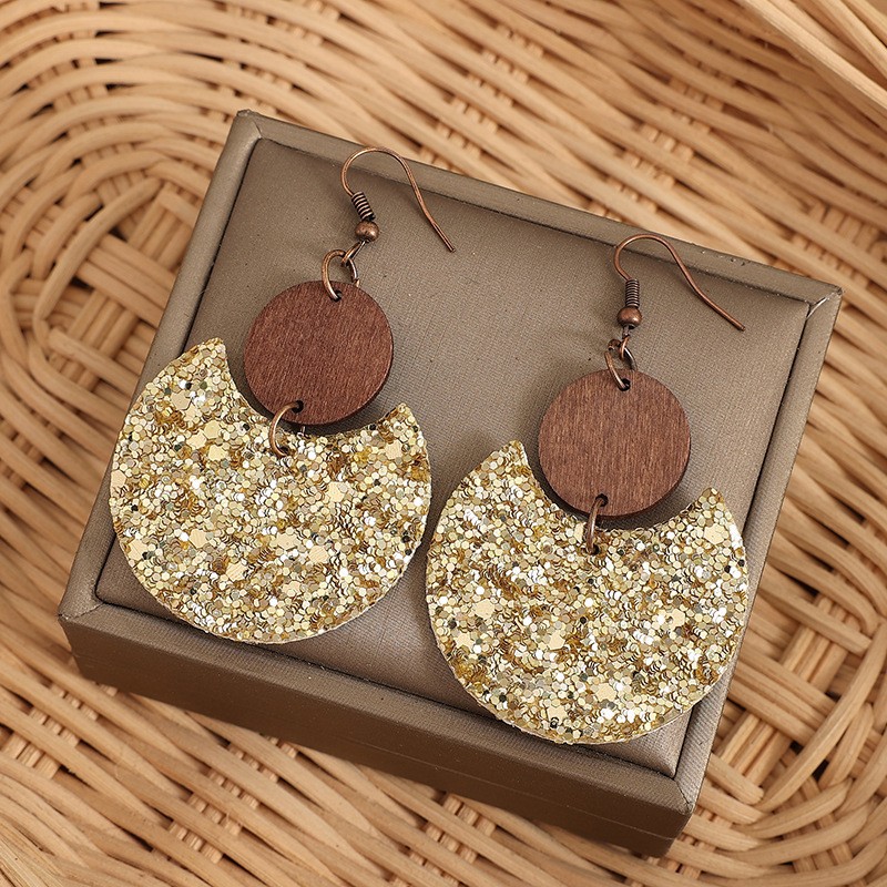 Golden Color Round Wood Detail Earrings | picture 