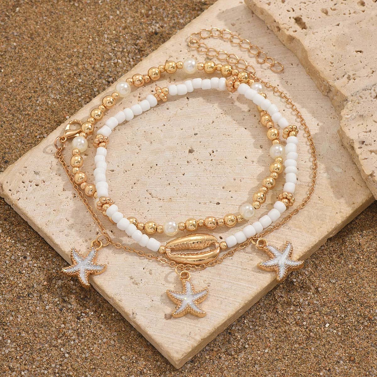 Golden Shell Starfish Seed Beads Anklets | picture 