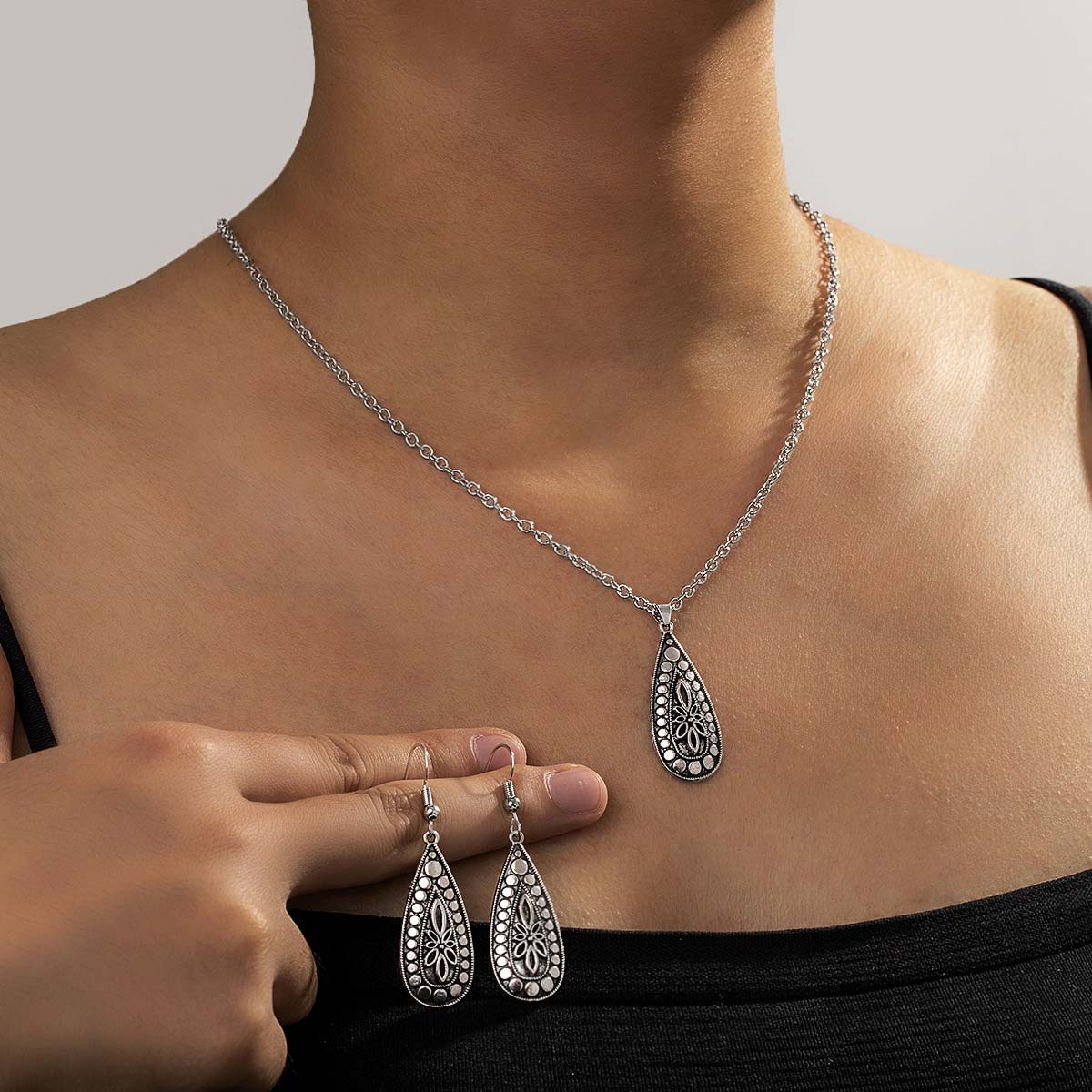 Silver Alloy Tribal Earrings and Necklace | picture 