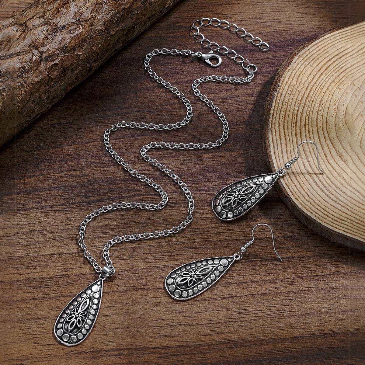 Silver Alloy Tribal Earrings and Necklace | picture 