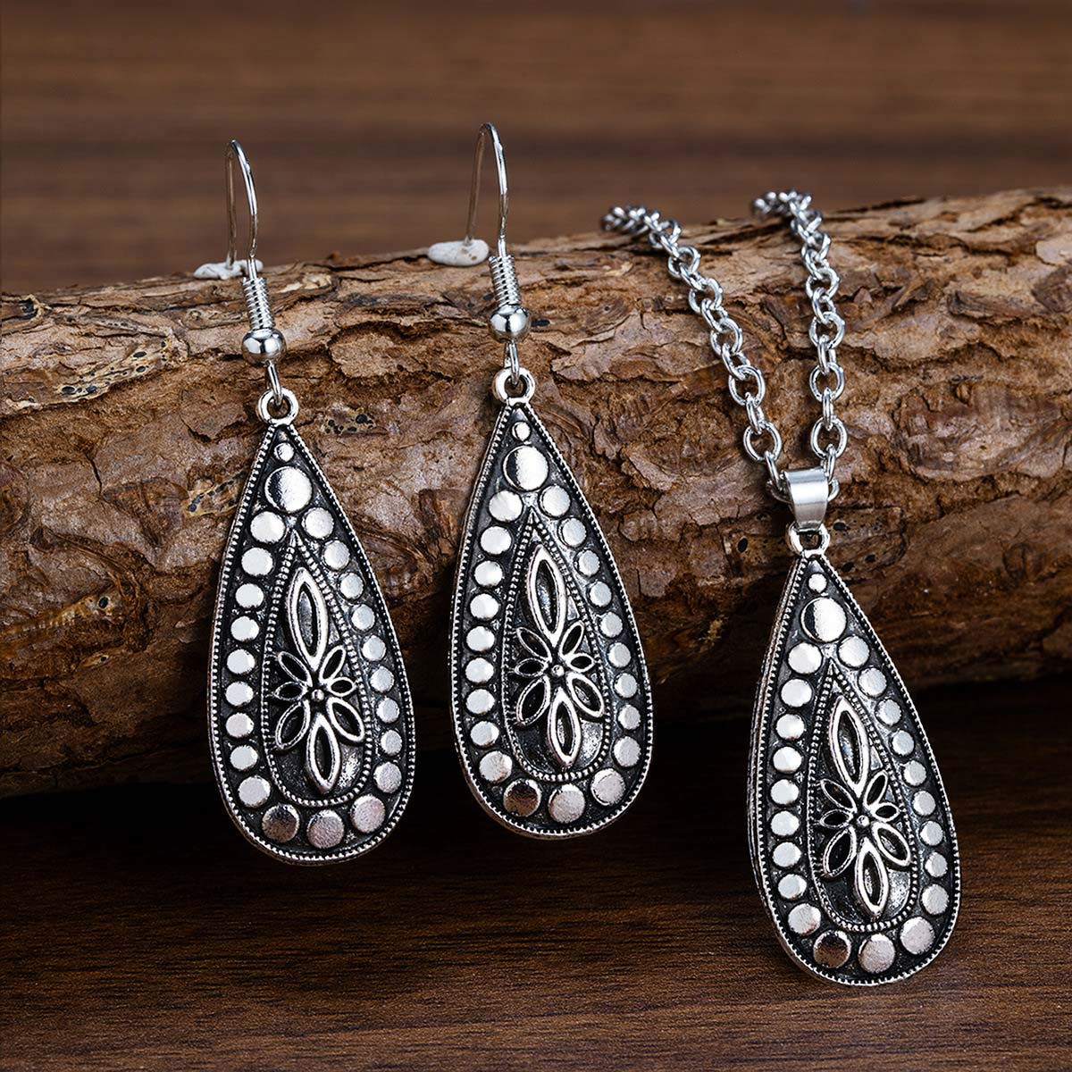 Silver Alloy Tribal Earrings and Necklace | picture 