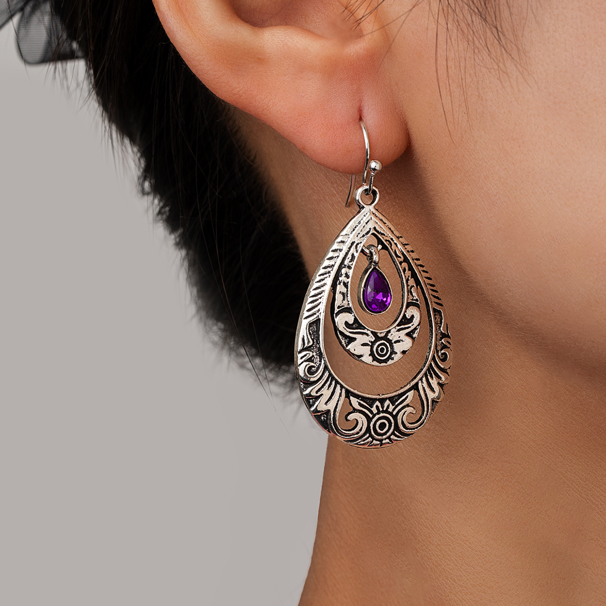 Silver Droplet Design Hollow Alloy Earrings | picture 