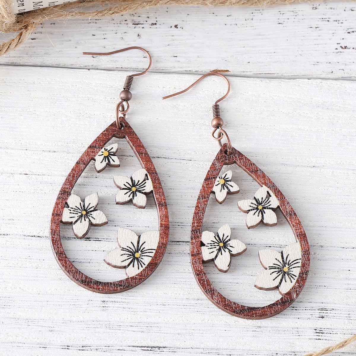 Dark Coffee Droplet Floral Wood Earrings | picture 