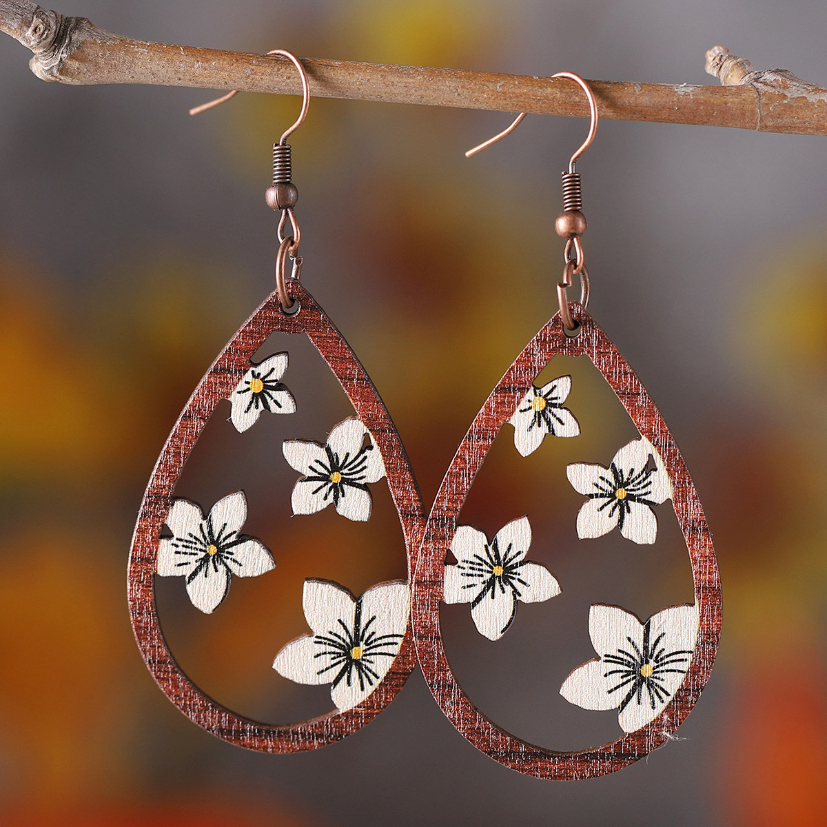 Dark Coffee Droplet Floral Wood Earrings | picture 