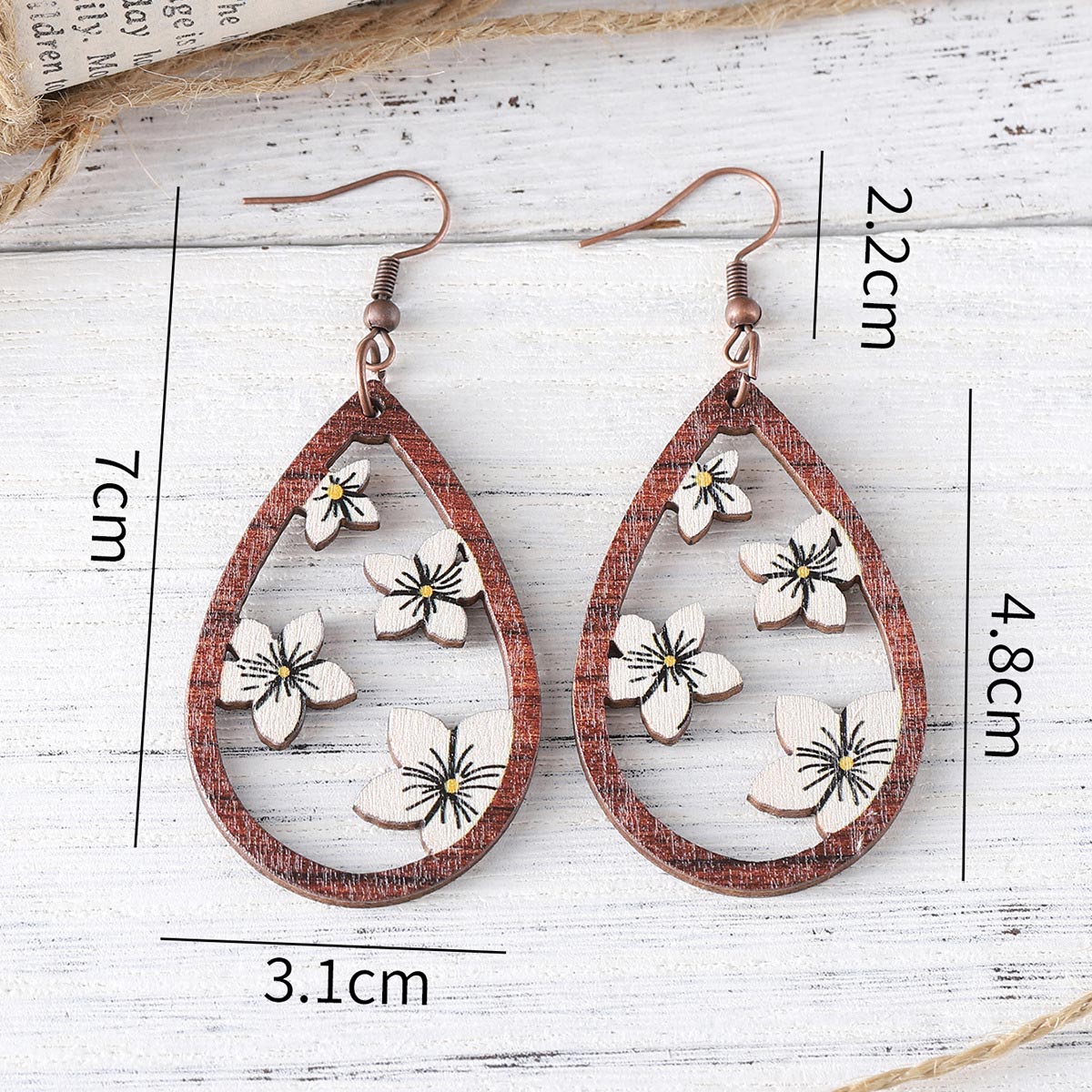 Dark Coffee Droplet Floral Wood Earrings | picture 