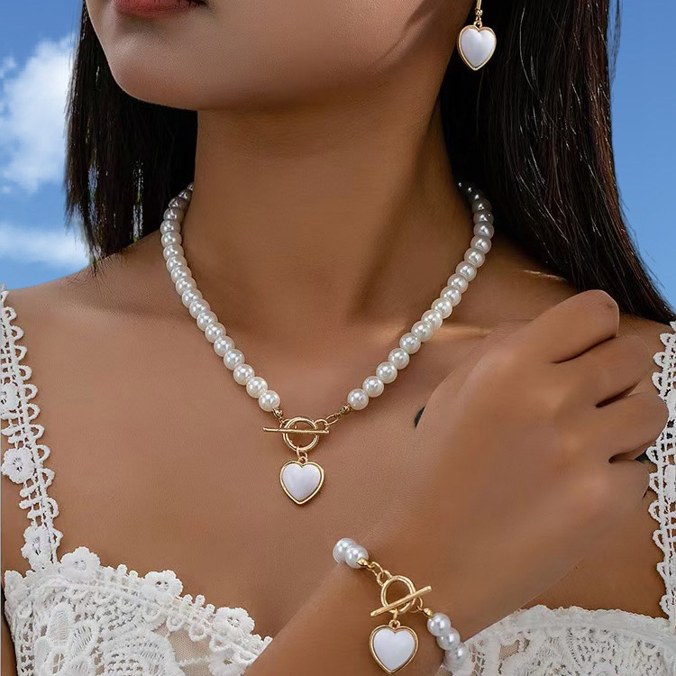 White Heart Alloy Earrings and Necklace and Bracelet | picture 