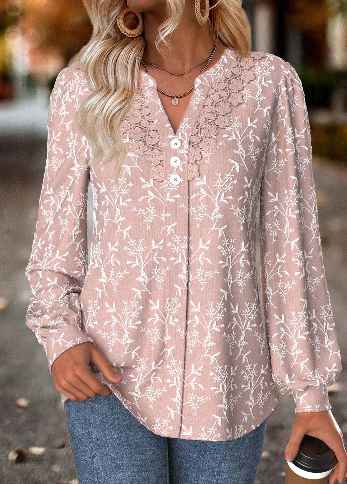 Light Pink Tummy Coverage Floral Print Long Sleeve Blouse | picture 
