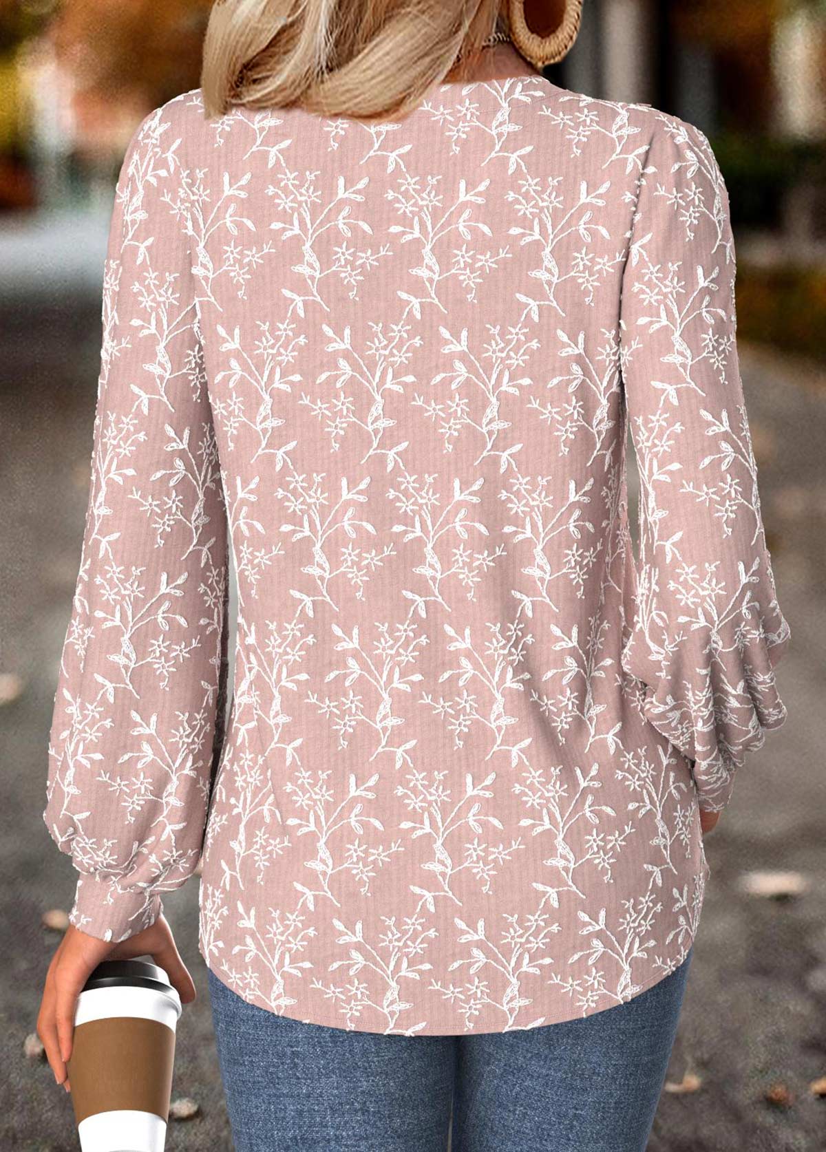 Light Pink Tummy Coverage Floral Print Long Sleeve Blouse | picture 