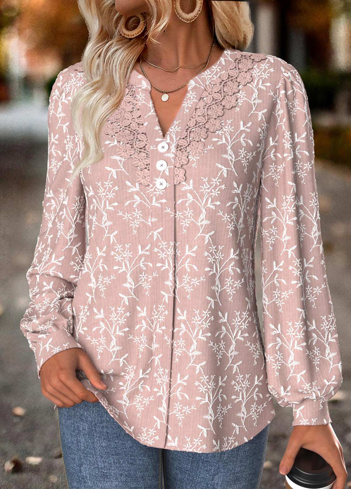 Light Pink Tummy Coverage Floral Print Long Sleeve Blouse | picture 