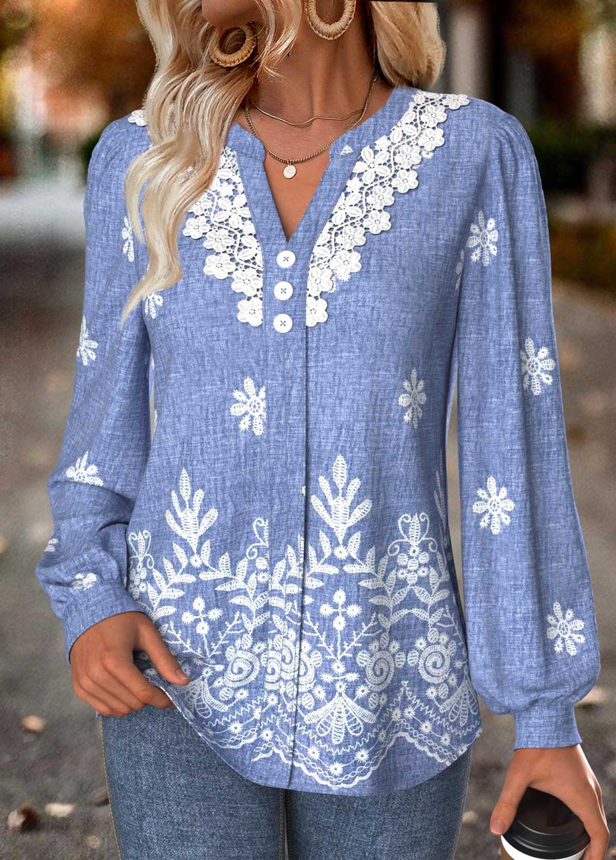 Denim Blue Tummy Coverage Tribal Print Long Sleeve Blouse | picture 