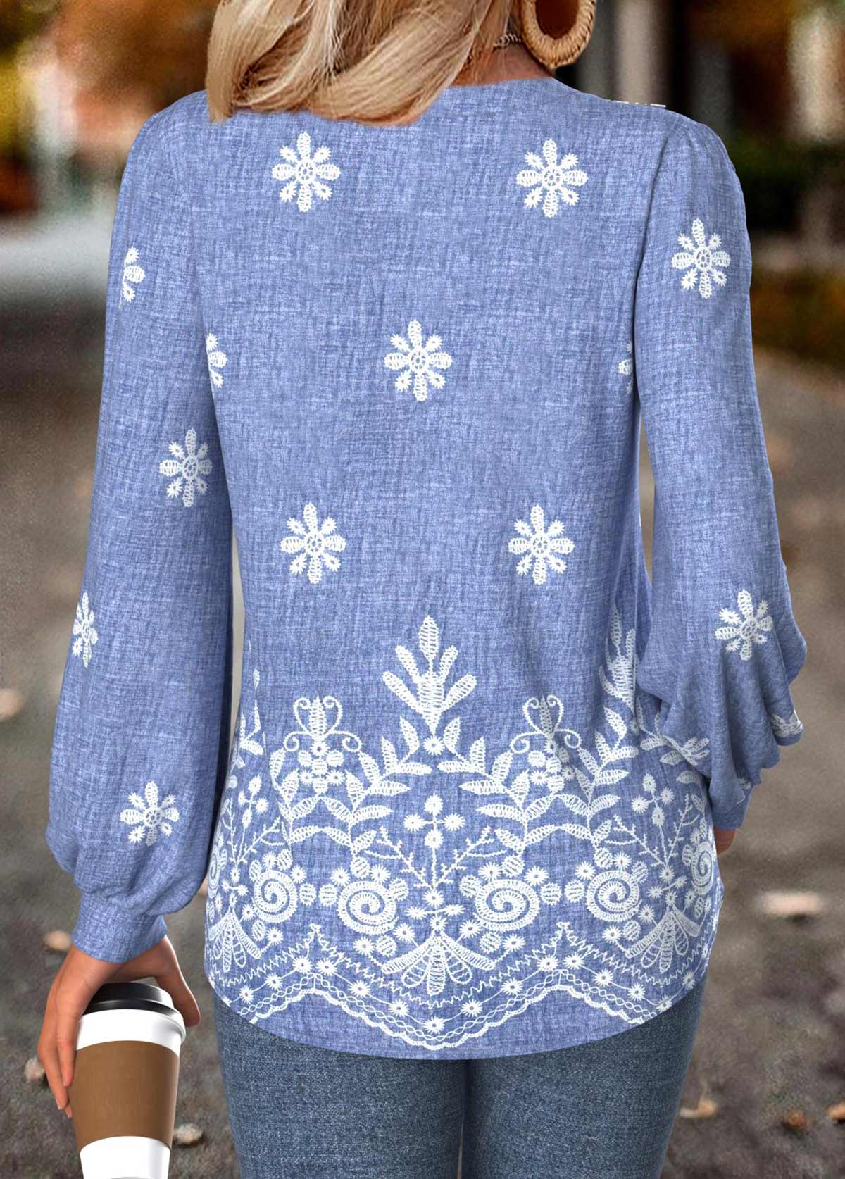 Denim Blue Tummy Coverage Tribal Print Long Sleeve Blouse | picture 