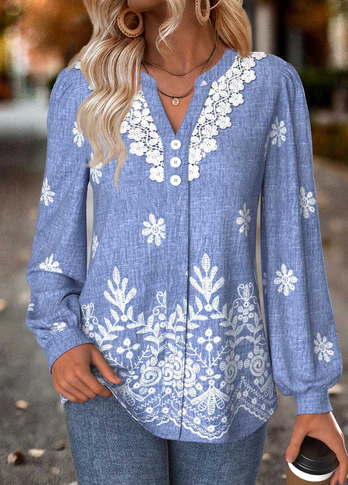 Denim Blue Tummy Coverage Tribal Print Long Sleeve Blouse | picture 