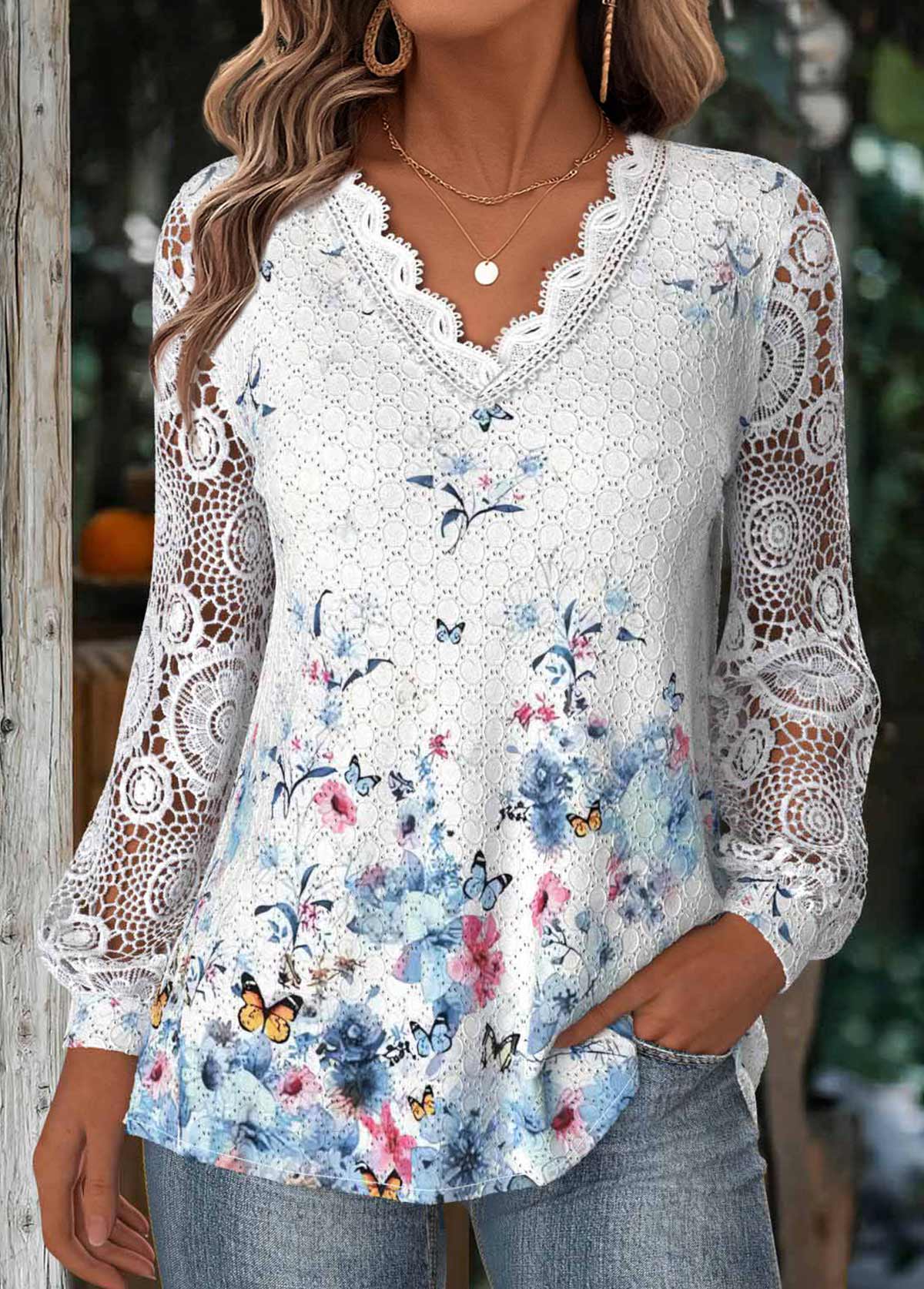 White Tummy Coverage Floral Print Long Sleeve Blouse | picture 