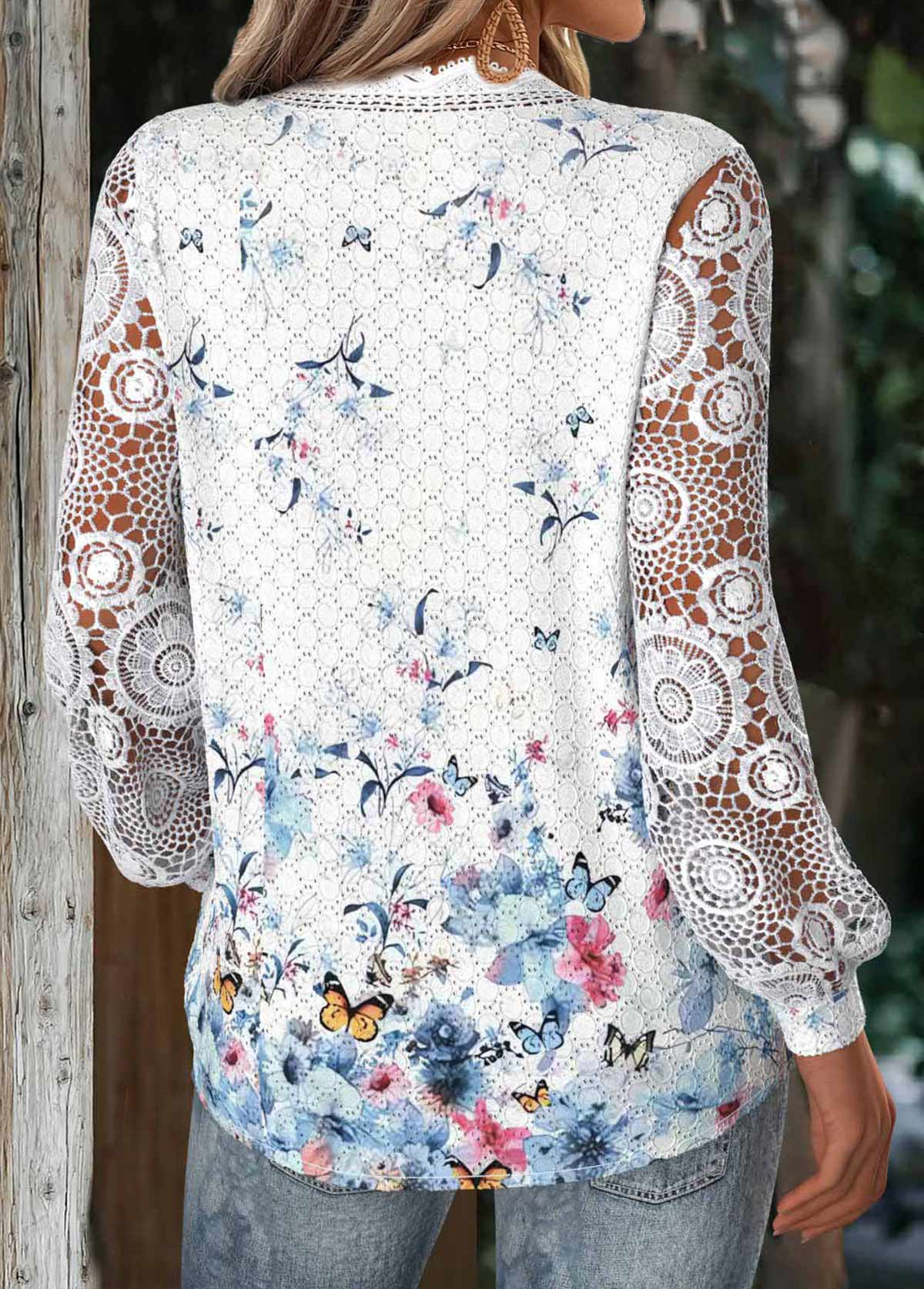 White Tummy Coverage Floral Print Long Sleeve Blouse | picture 
