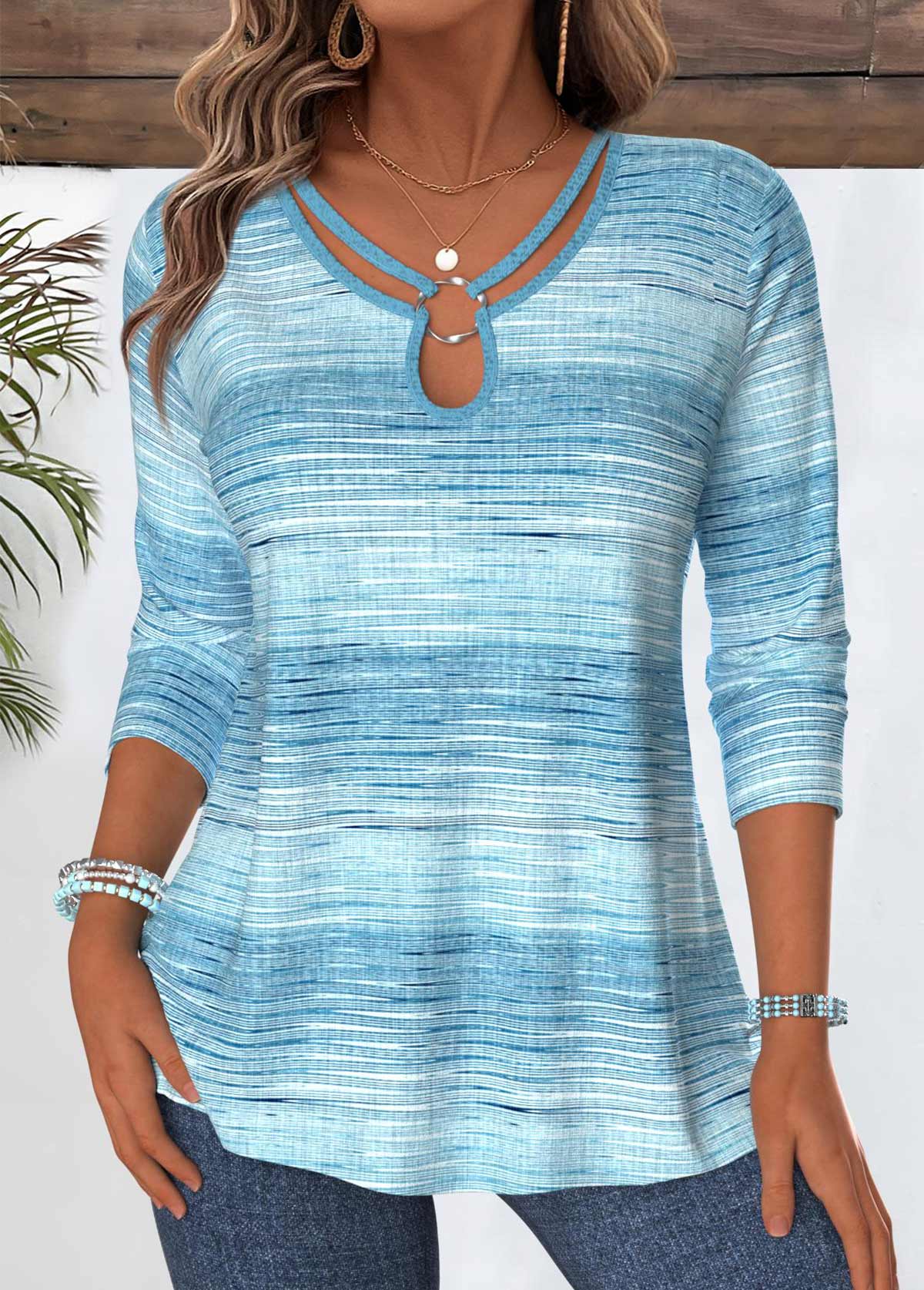 Light Blue Tummy Coverage Ombre Long Sleeve T Shirt | picture 