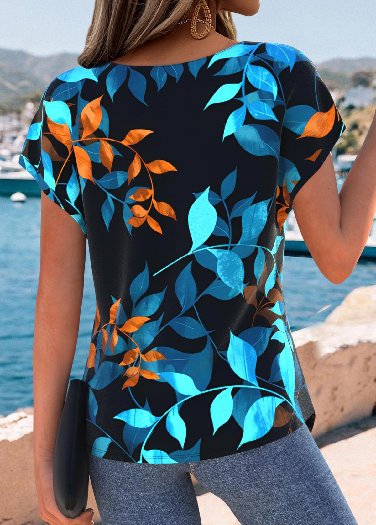 Multi Color Tummy Coverage Leaf Print T Shirt | picture 