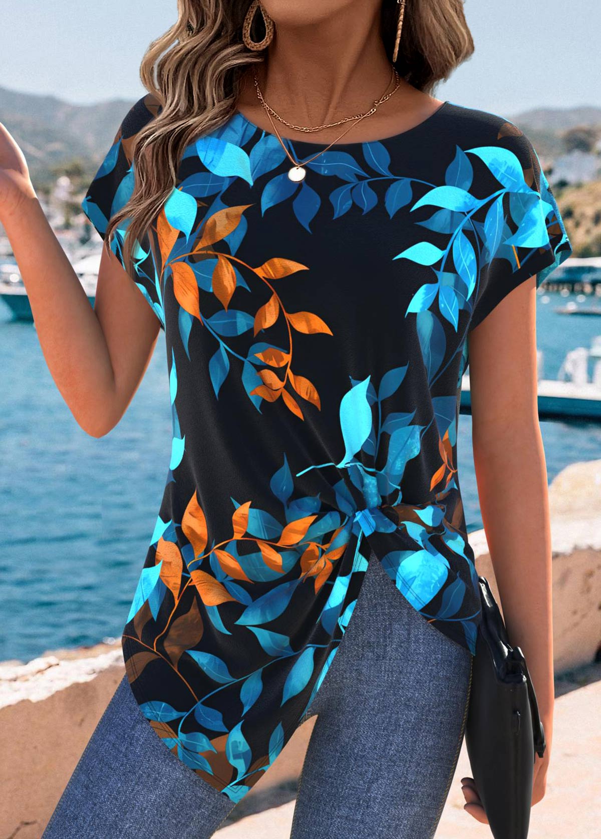 Multi Color Tummy Coverage Leaf Print T Shirt | picture 