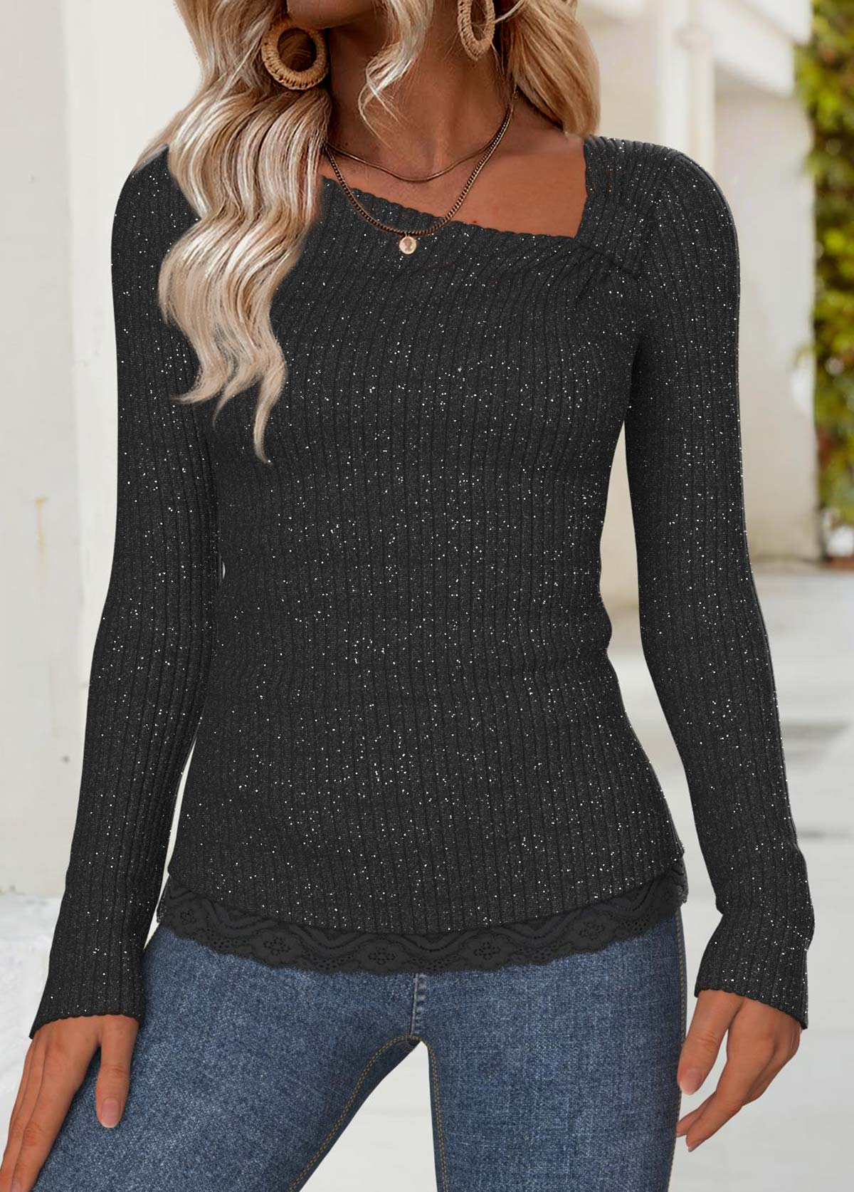 Black Tummy Coverage Long Sleeve Asymmetrical Neck T Shirt | picture 
