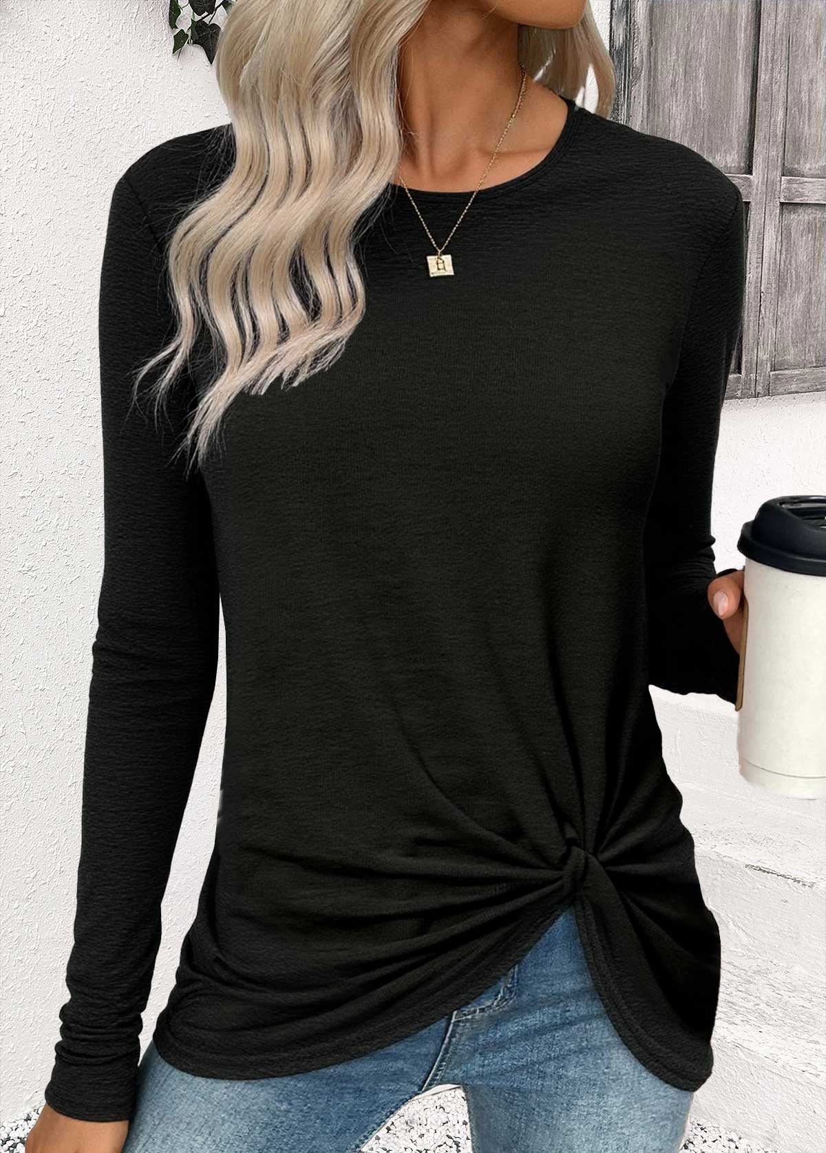 Black Twist Long Sleeve Round Neck T Shirt | picture 