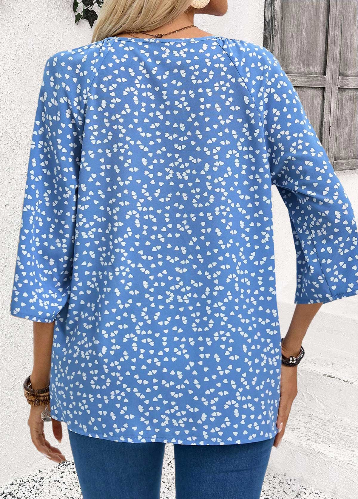 Light Blue Tummy Coverage Heart Print 3/4 Sleeve Blouse | picture 