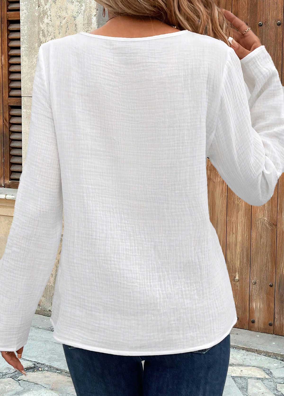 White Button Long Sleeve Round Neck Blouse | picture 
